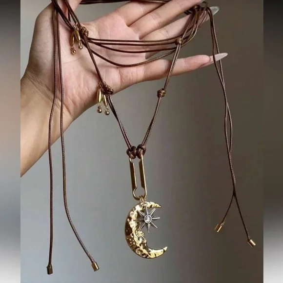 Brown strap moon Necklace N1157 - Picture 2 of 5